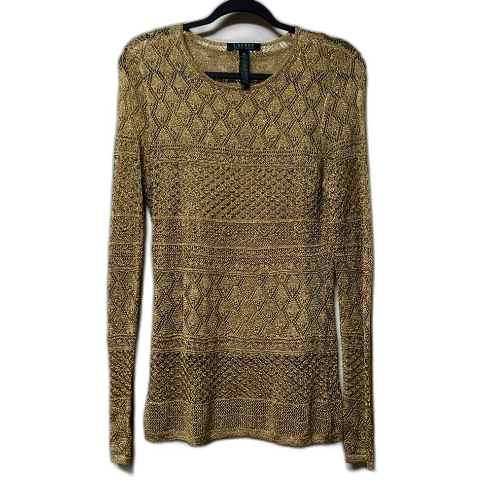 LAUREN RALPH LAUREN 2-Piece Gold Metallic Knit Sweater with Camisole, Sz M